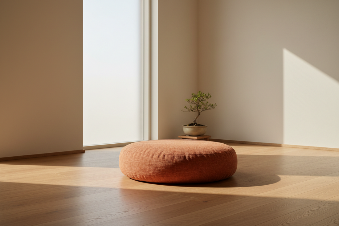 A minimal meditation setup with a round cushion placed on a wooden floor, soft natural light, clean and calm atmosphere.