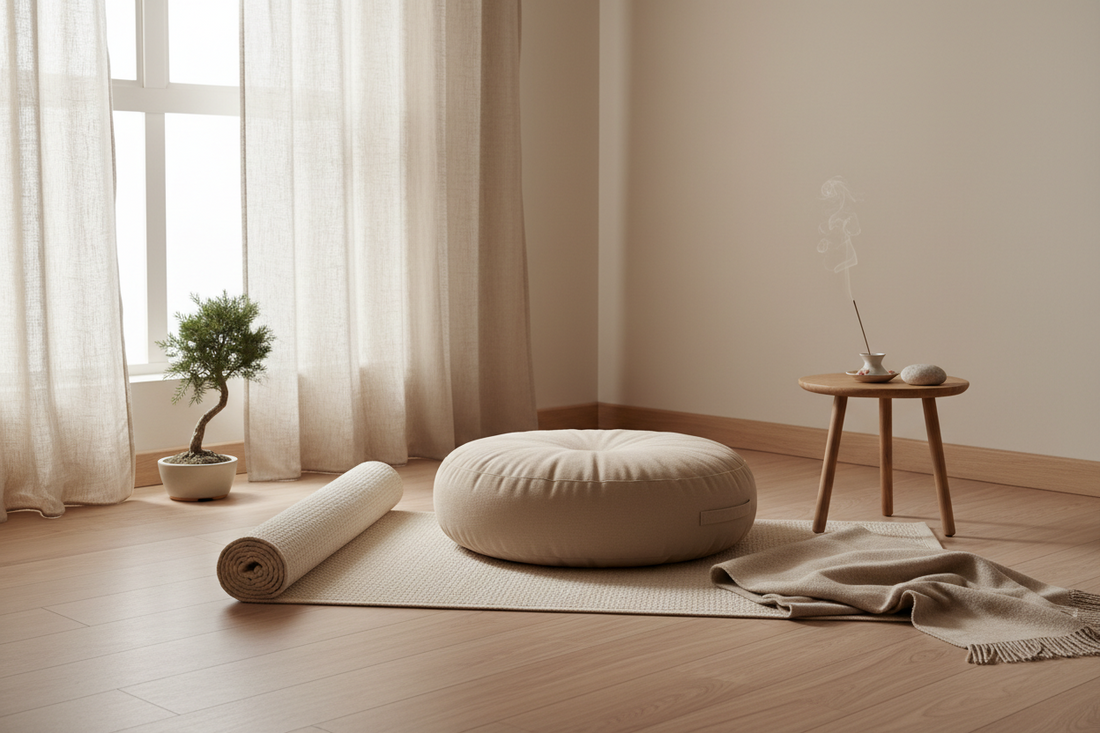 A soft, natural meditation corner with a cushion and mat on a wooden floor, gentle daylight from the side, neutral tones, calm and minimal atmosphere.