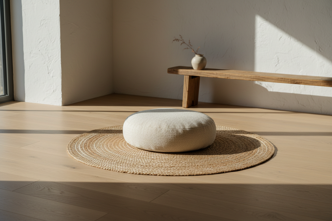 A soft, sunlit corner with a meditation cushion resting on a woven mat. Light fades gently across the floor, creating a warm and quiet interior mood. Clean, minimal, and slightly imperfect.