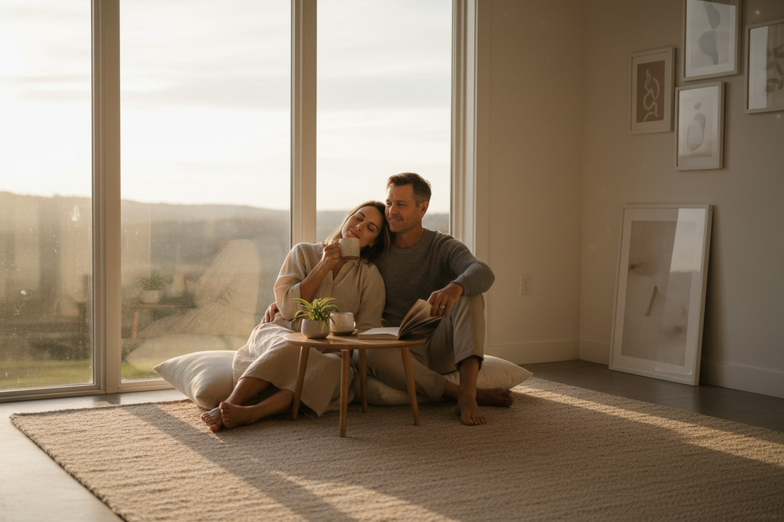 A Western couple sitting on floor cushions near a window, soft evening light, relaxed posture, minimal and calm home atmosphere.