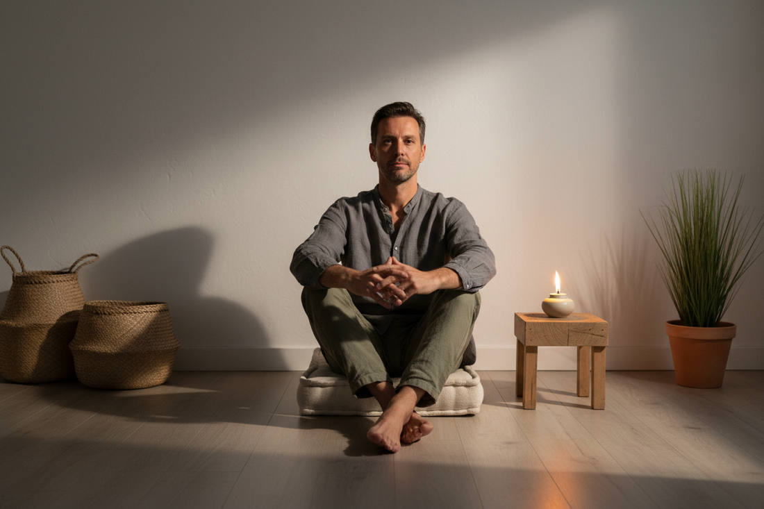 A Western man sitting on a floor cushion in a softly lit room at night, relaxed posture, minimal and calm atmosphere.
