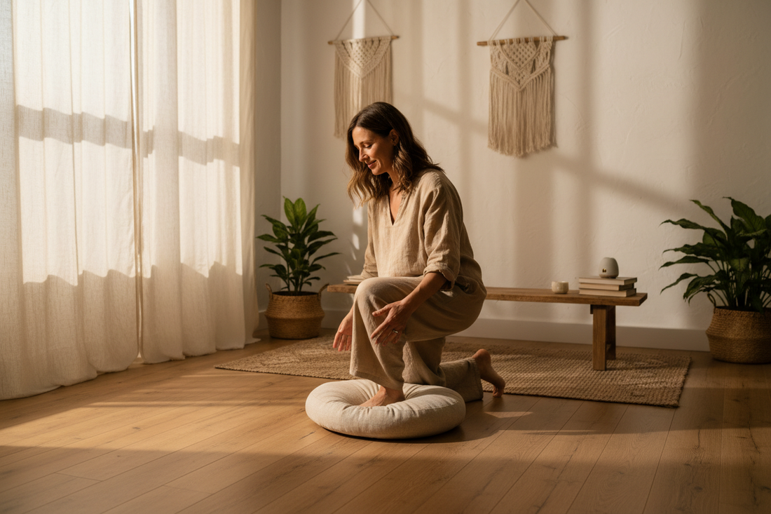 A Western person in mid-motion sitting down onto a cushion in a softly lit room, dynamic yet calm, natural home environment.
