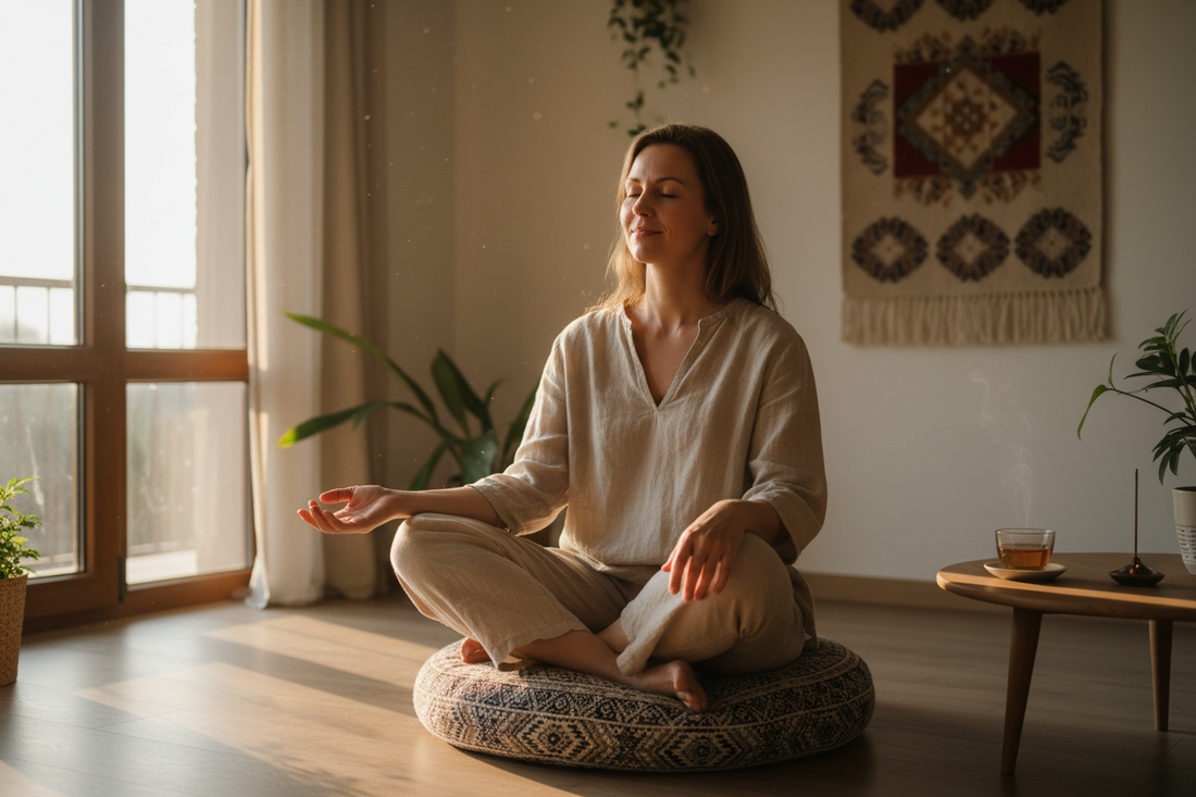 A Western person sitting casually on a cushion, relaxed posture, not perfectly aligned, soft light