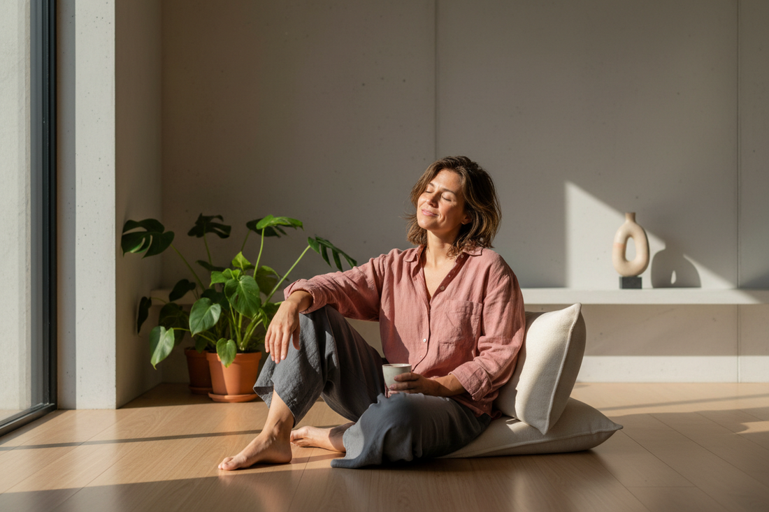 A Western person sitting casually on a floor cushion in a minimal room, relaxed posture and natural light