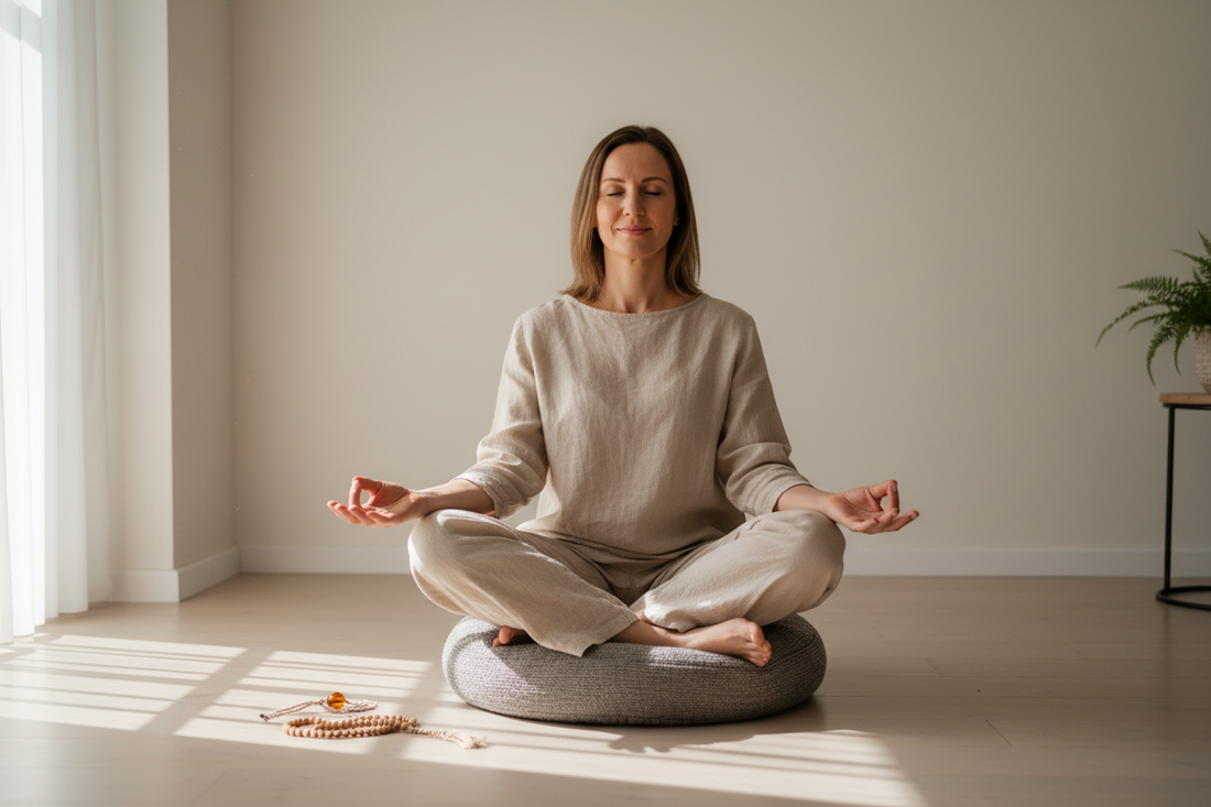 A Western person sitting on a floor cushion with a simple bracelet and meditation accessory nearby, soft natural light, minimal and calm atmosphere.