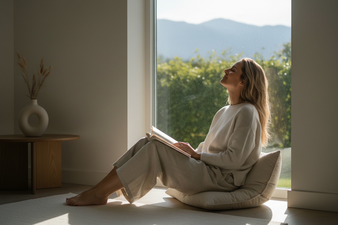 A Western woman sitting near a window on a cushion, soft morning light, relaxed posture, minimal and calm home setting.